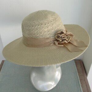 Coquette Straw Summer Hat Women’s Faux Straw Hat w/ Satin Ribbon Sz Large